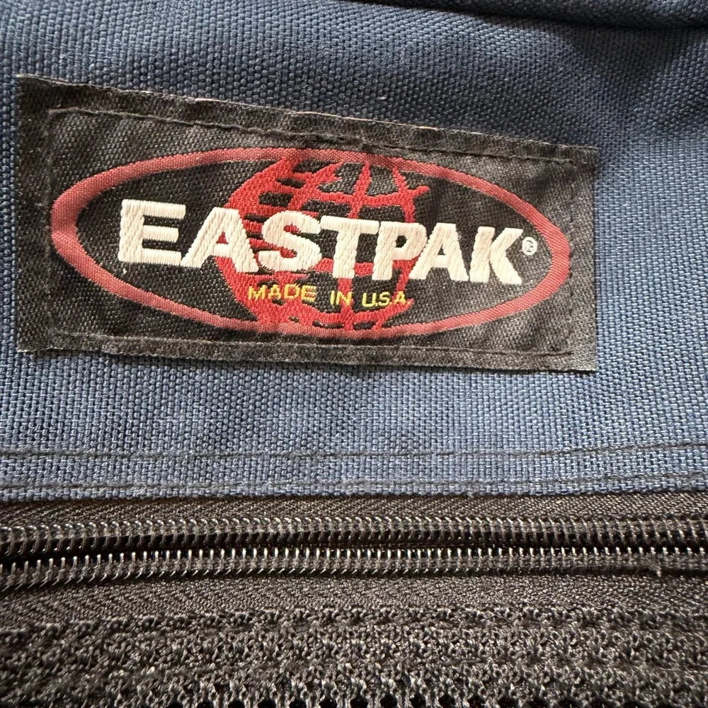 Eastpak Backpack Large Navy Blue Vintage Made in USA Leather Bottom Canvas Bag